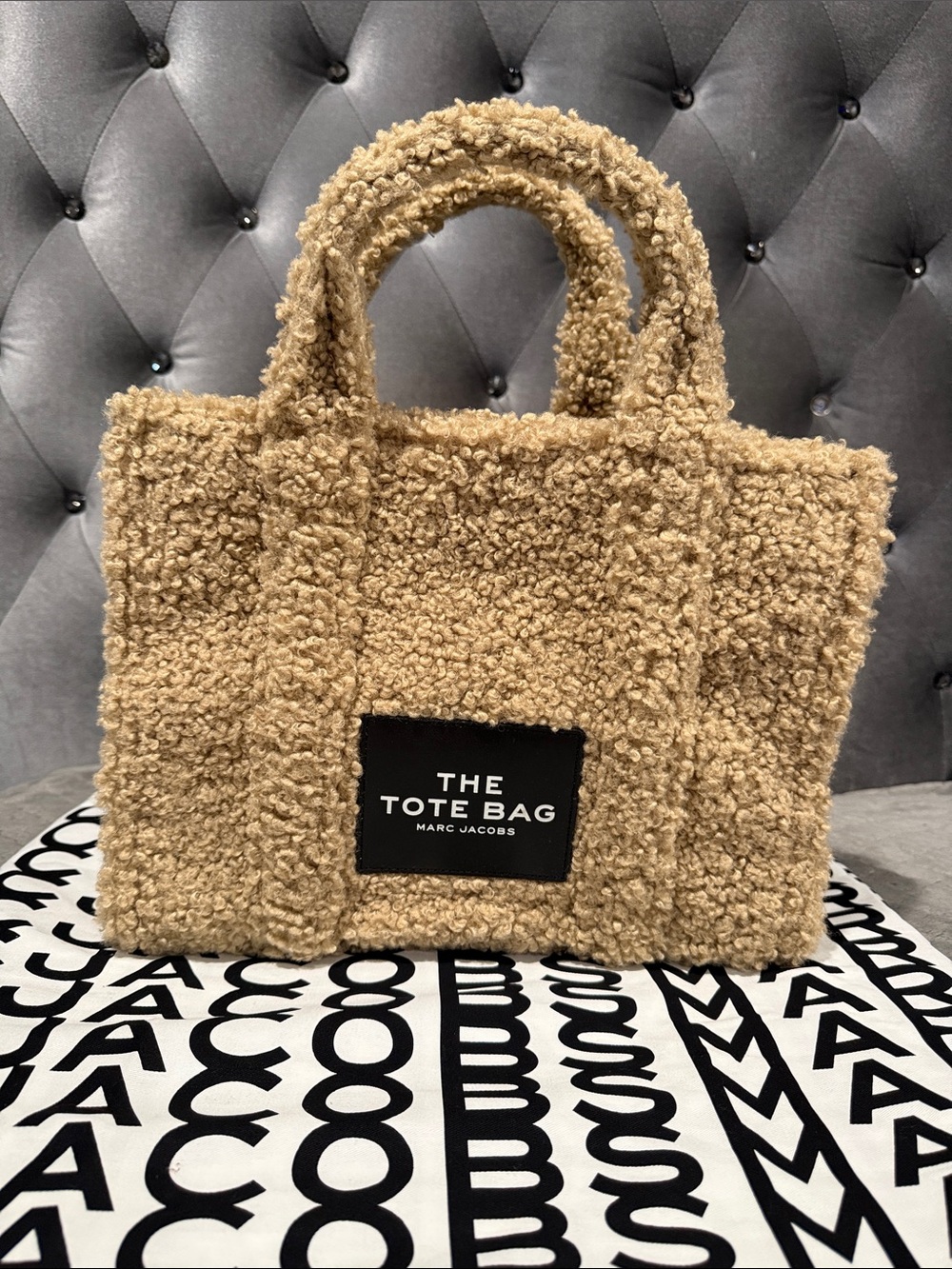 Marc Jacobs Sherpa Tote in Camel Beige with Black Patch